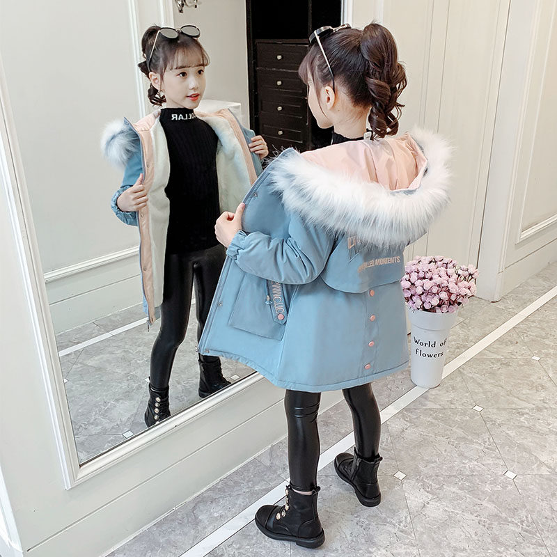 Girl Pie Overcomes Coat Plus Suede Winter Dress 2021 New Autumn Winter Foreign Pie Children Middle version Cotton Down Cotton Clothing