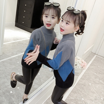 Girls sweater pullover 2021 new childrens knitwear middle child half turtleneck sweater plus velvet thickened autumn and winter