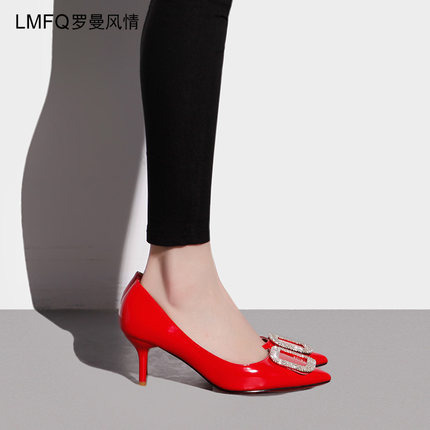 2018春季新款水钻漆皮红色尖头高跟鞋细跟性