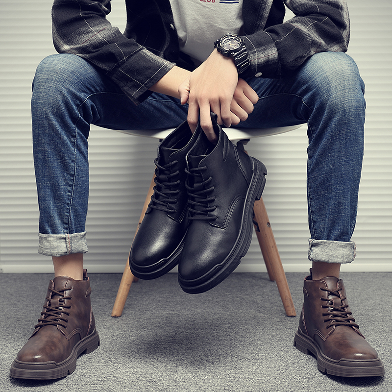 Tide brand Martin boots men's leather winter new British style Korean version trend casual tall men's fleece boots