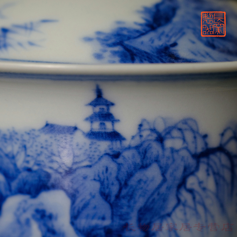 Long up offered home - cooked wen - bo xiong the teacher in blue and white landscape poetry hand - made maintain tureen archaize of jingdezhen tea service