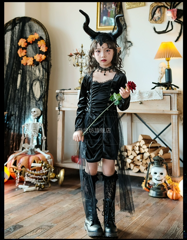 Halloween trẻ em Gothic đậm phù thủy váy bé gái quỷ nhỏ cos trang phục phù thủy trang phục sân khấu