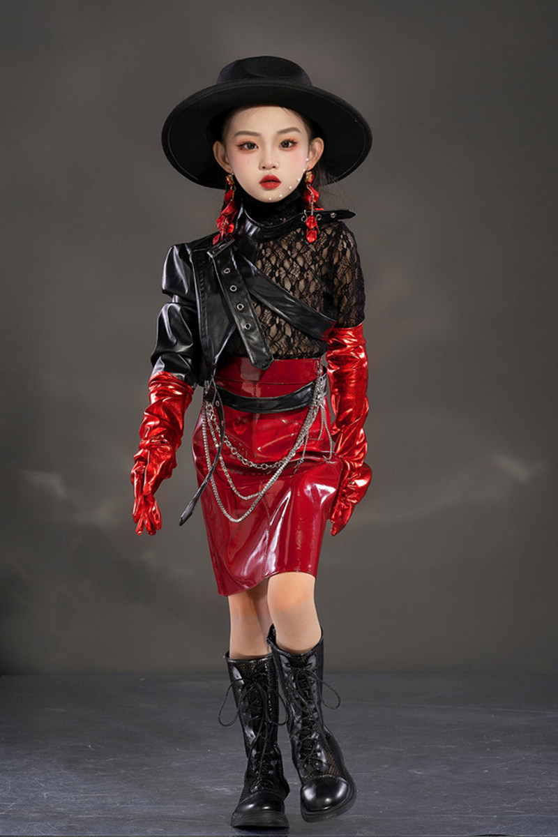 Children's model catwalk fashion clothing girls t stage fashion performance clothing car model locomotive clothing fashion handsome leather skirt suit