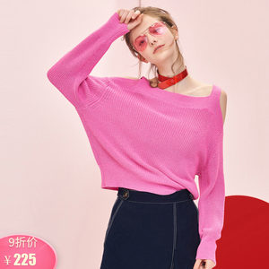 亦谷2019秋秋装新款一字肩吊带露肩纯色个性长袖亮丝针织衫L201