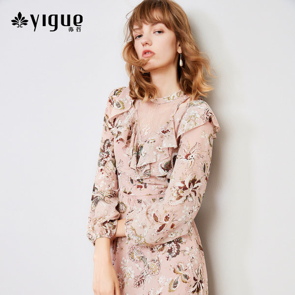 YIGUE 亦谷 18年秋季新款 立领蕾丝拼接露肩长袖雪纺印花连衣裙 天猫优惠券折后￥329包邮（￥399-70）2色可选