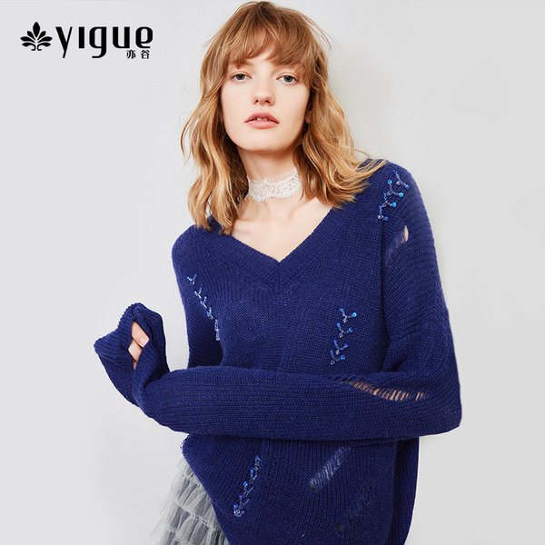 亦谷 18年秋冬新款 宽松V领 羊毛混纺女式针织外套 天猫优惠券折后￥229包邮（￥279-50）