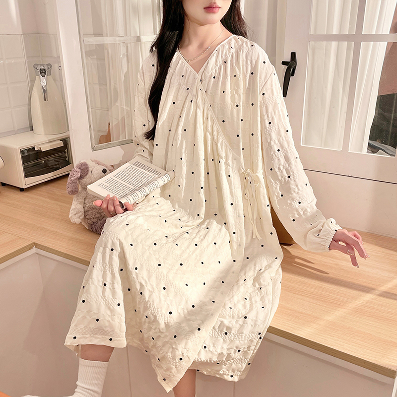 Women's Pajamas for Spring and Autumn, Long-Sleeved Cloud Cotton Bathrobe, Thin Style, Plus Size for Fat Women, 100kg High-End Nightgown Women's Pajamas for Spring and Autumn, Long-Sleeved Cloud Cotton Bathrobe, Thin Style, Plus Size for Fat Women, 100kg High-End Nightgown