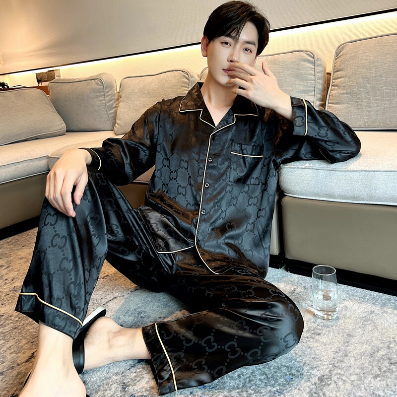Spring and Autumn Long-Sleeved Plus-Size 150kg Ice Silk Pajamas for Men, Fat Men's Cardigan Loungewear That Can Be Worn Outside