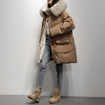 White Goose Down Duvet Clothing Woman Mid 2021 Winter dress New Korean version Large fur collar Even cap Fashion Thickened Jacket Tide