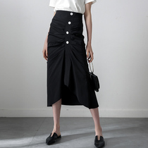 Black High Waist Half Body Dress Woman 2022 Spring new Korean version Temperament Folds Irregular Mid-Length Dress Womens Dress