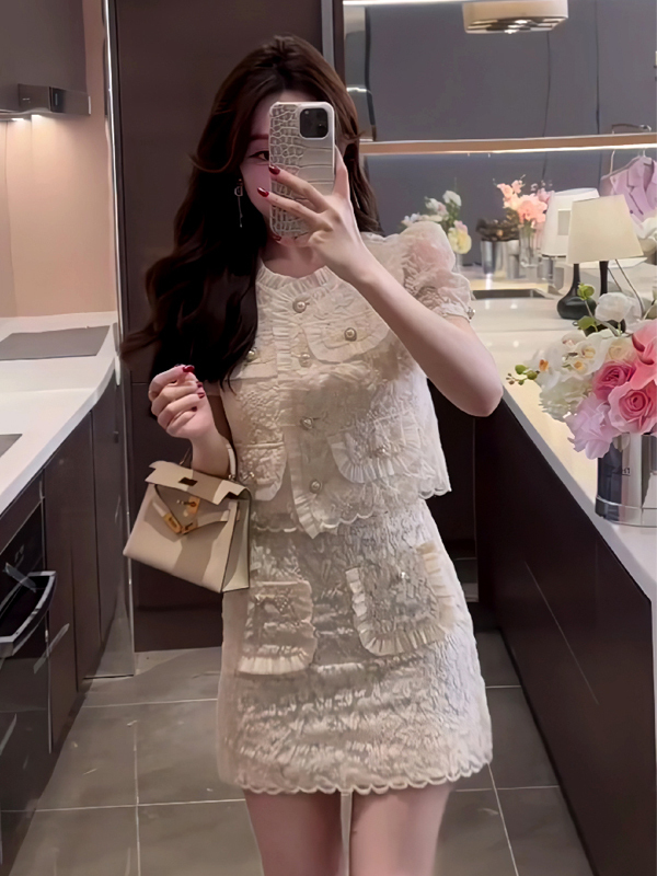 Summer Slightly Fat Plus Size Small Fragrance Suit Lace Top Skirt Fat mm with a Complete Set of Two-Piece Set for Ladies