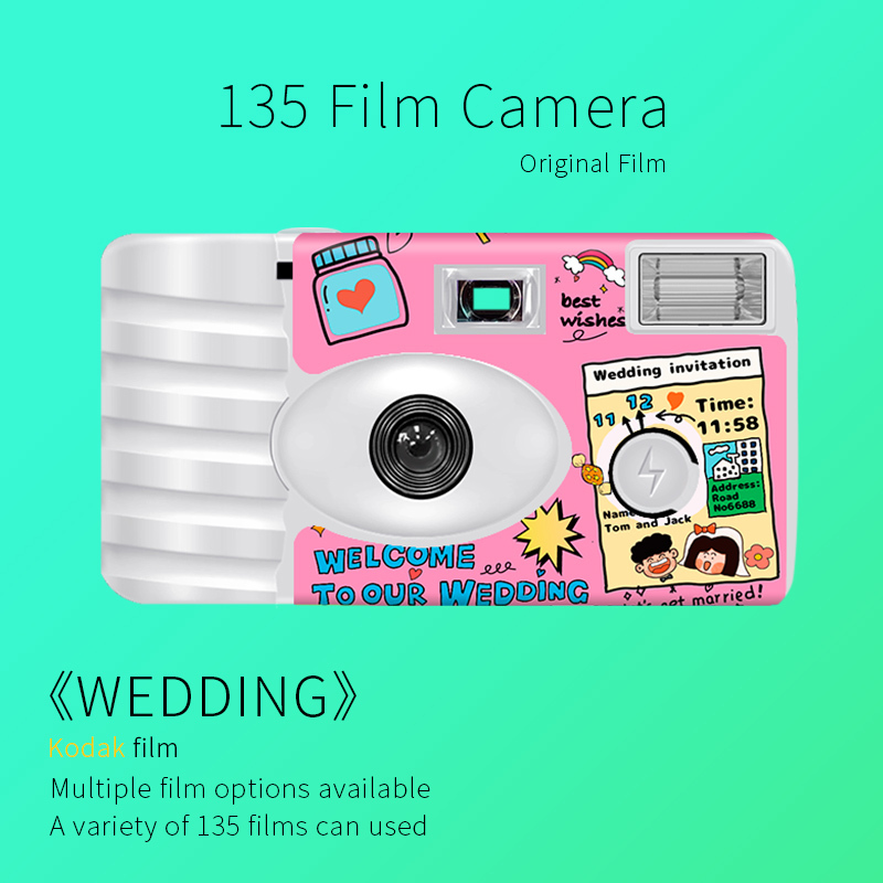 Illustration Series Disposable Film Camera, Wedding Model, Full-Frame, Colorful, 27 Photos with Flash, Gift