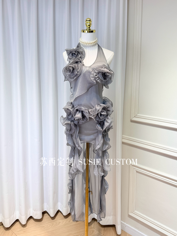 Niche Design Three-Dimensional Floral Halter Neck Backless Irregular Hem Ruffle Dress Birthday Dress Vacation Dress