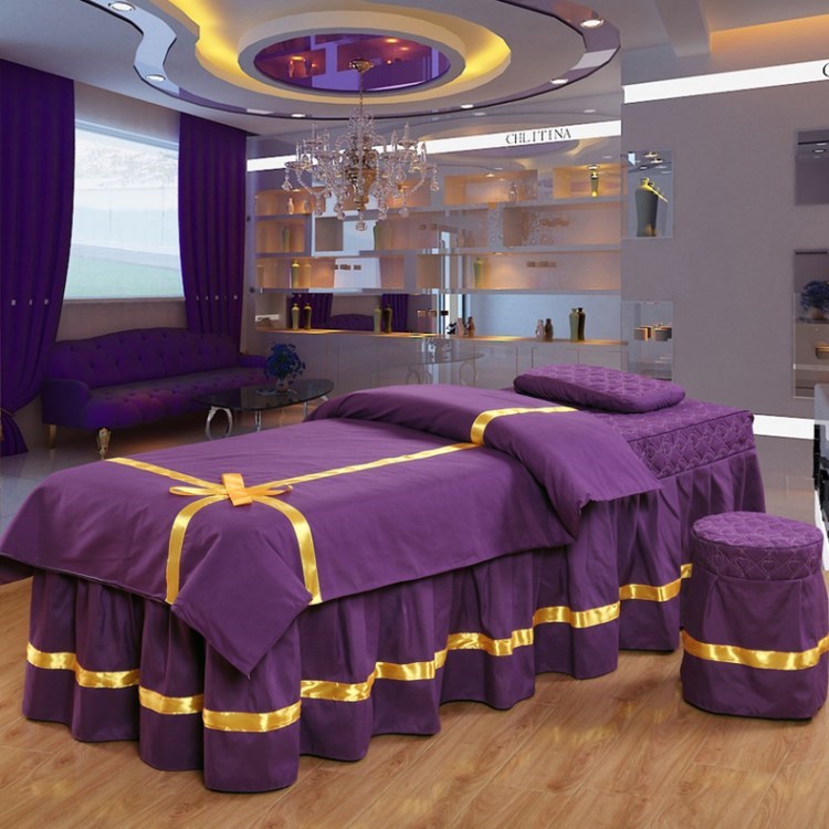 Đa chức năng bao gồm giường vàng massage massage giường vàng bốn mảnh màu xanh lá cây đặt gối màu hồng làm đẹp giường ngủ. - Trang bị tấm giá khăn trải giường spa