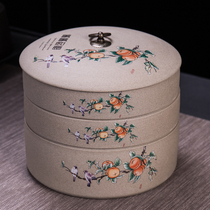 Puer tea jar ceramic rough pottery waking tea packaging box can be stacked round tea cake jar 357G three-cake storage tank