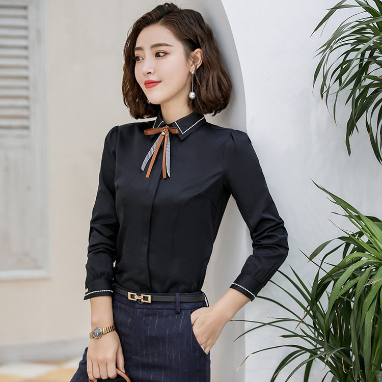 Black shirt women's long-sleeved 2019 new spring Han Fan bow blouse temperament professional white shirt overalls