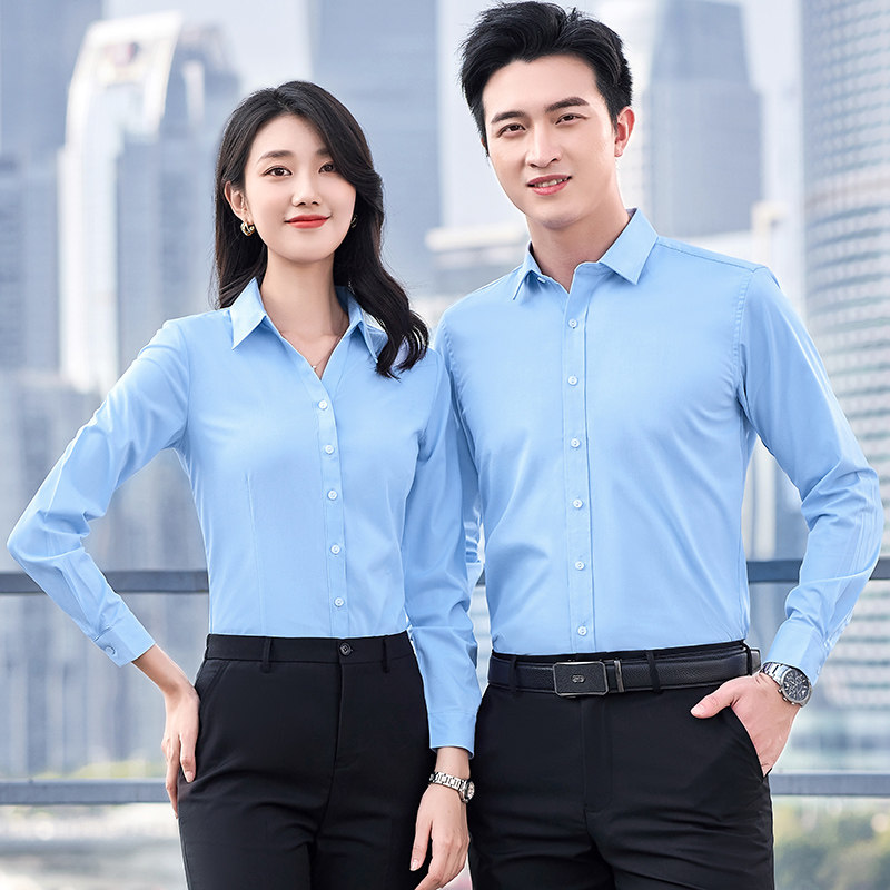Work clothes men's and women's same style shirts spring and autumn long-sleeved formal dress V-neck shirt tooling bank front desk 4S shop work clothes