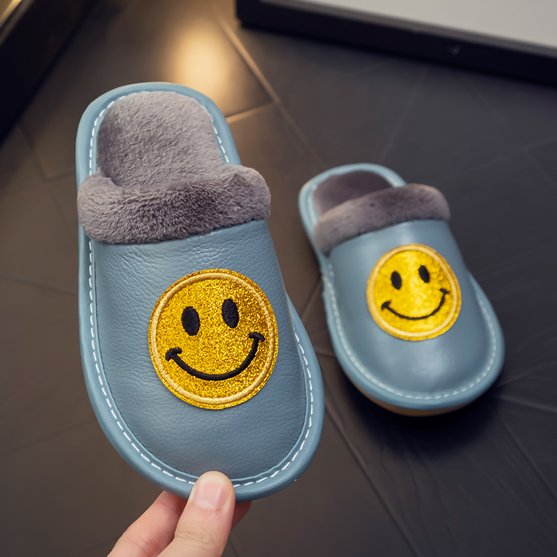 Children's leather smiley cotton slippers autumn winter plush female winter indoor non-slip waterproof male household baby