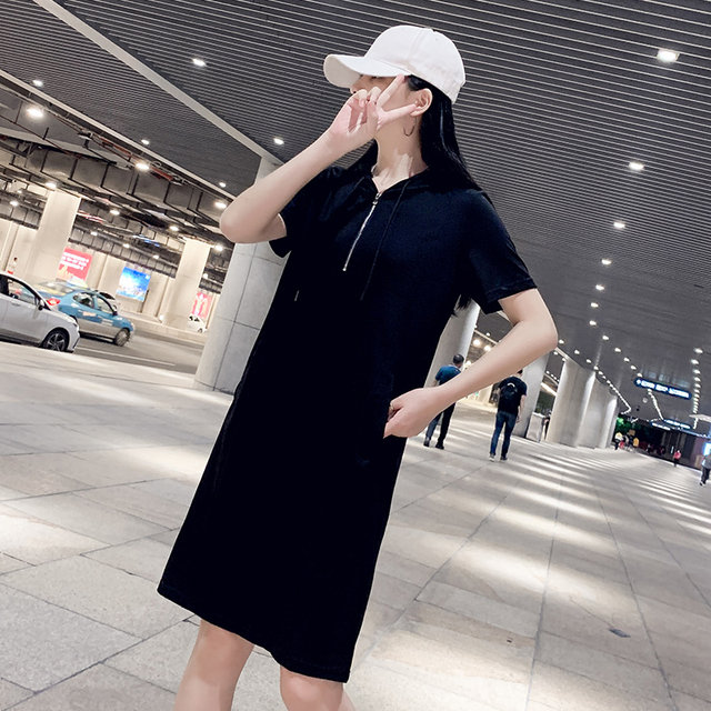 Summer 2023 ໃຫມ່ loose hooded fat mm plus fat enlarged casual sports loose straight large size dress ສໍາລັບແມ່ຍິງ