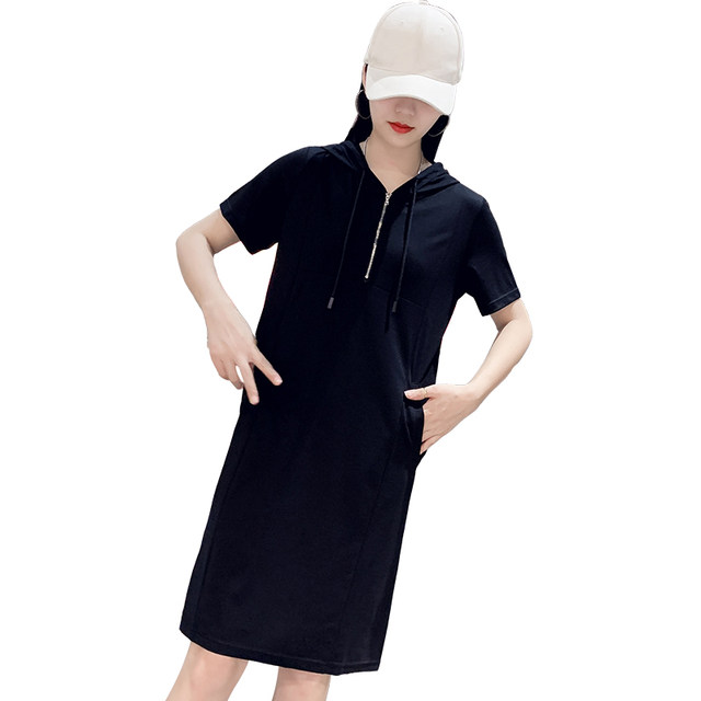 Summer 2023 ໃຫມ່ loose hooded fat mm plus fat enlarged casual sports loose straight large size dress ສໍາລັບແມ່ຍິງ
