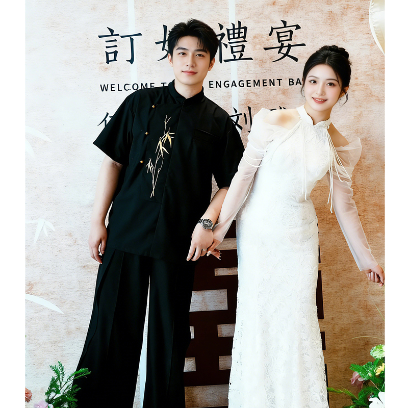 Joyful Orange [Lin Yue] New Chinese-Style Engagement Men's Clothing, Black Traditional Short-Sleeve Shirt, Marriage Registration Set, National Trend Tang Suit