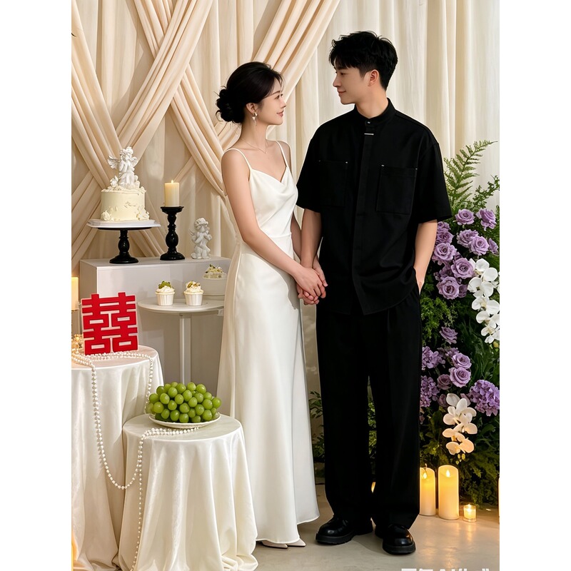 Happy Orange "Qingyao" Engagement Party and Certificate-Issuing Ceremony Outfit: New Chinese-Style Black Stand-Collar Short-Sleeve Shirt with a High-End Feel Happy Orange "Qingyao" Engagement Party and Certificate-Issuing Ceremony Outfit: New Chinese-Style Black Stand-Collar Short-Sleeve Shirt with a High-End Feel