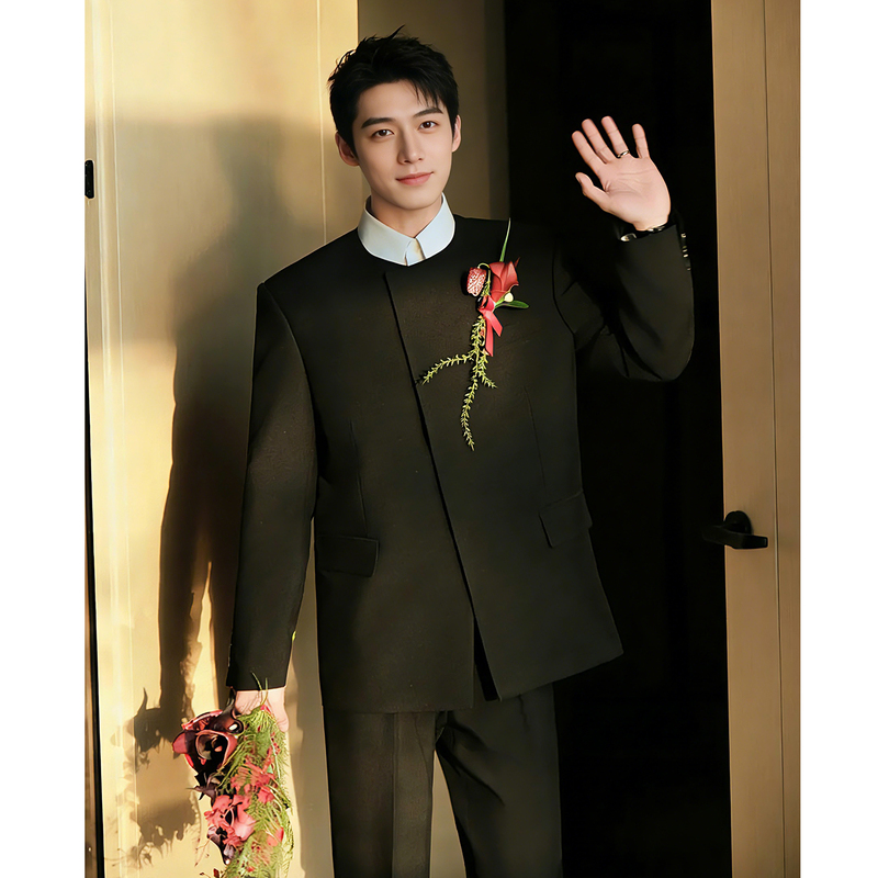 Happy Orange/New Chinese Style Men's High-End Design Wedding Suit Groom's Reception Suit Blazer Set for Men