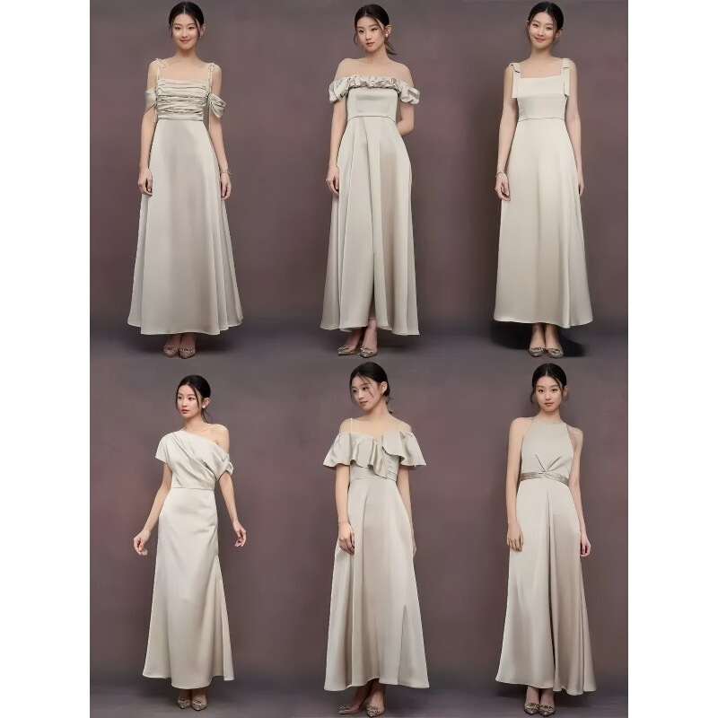 Champagne-Colored Double Satin Dress, Robe, Evening Gown, Bridesmaid Dress, Sister Group Dress, Multiple Styles, Can Be Worn Casually in Summer