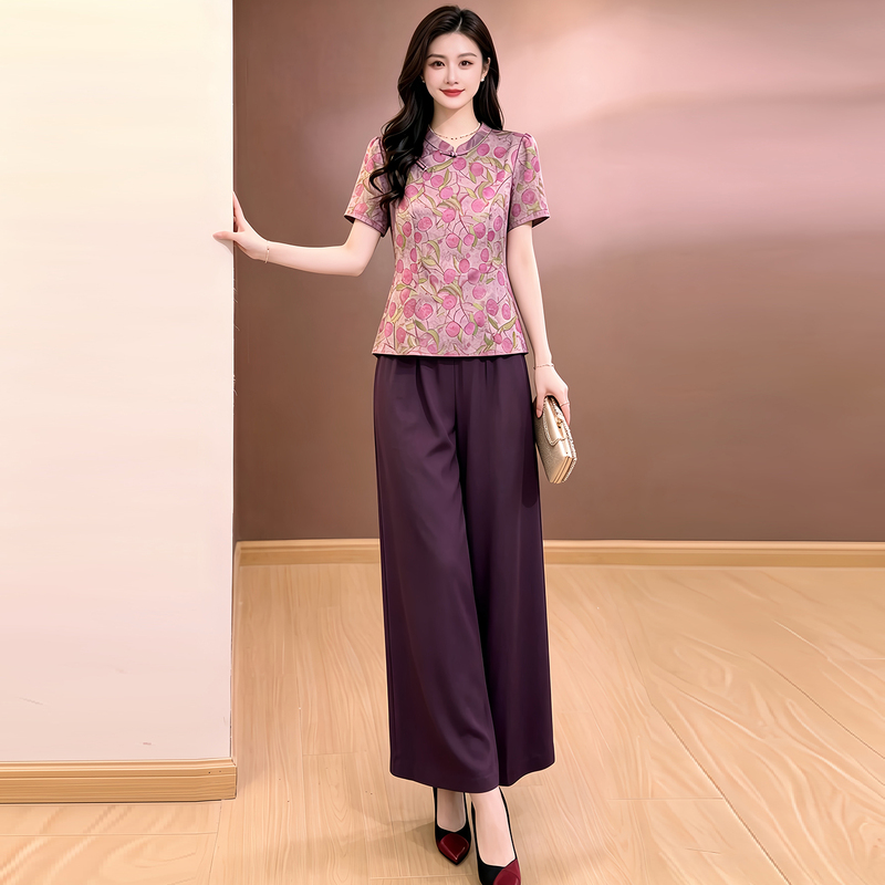 Vintage-Style Chinese Two-Piece Set for Women, 2026 Summer New Model, Qipao Printed Top with Elastic Waist Straight-Leg Pants Set