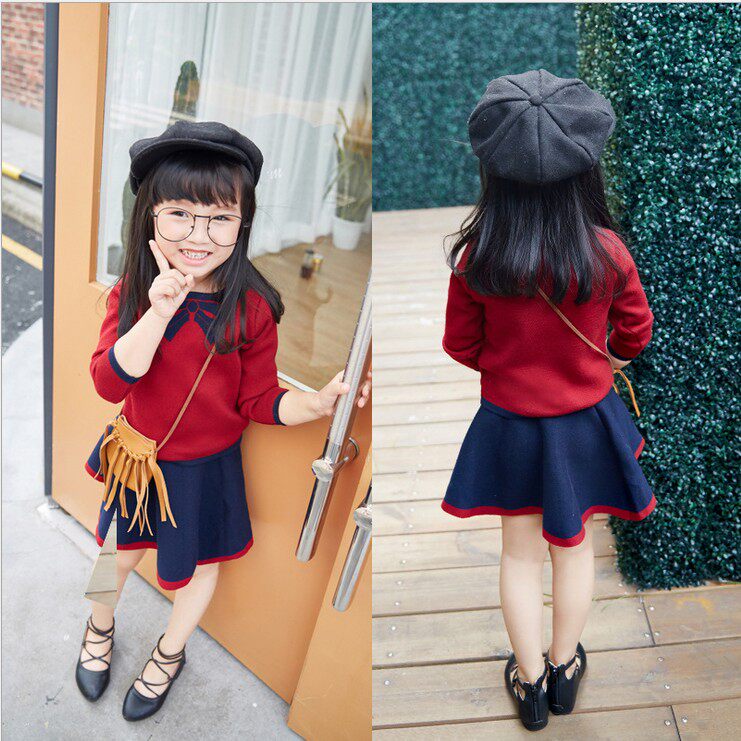Girls sweater suit skirt 2021 spring and autumn new girl print bow skirt suit children knitted wool