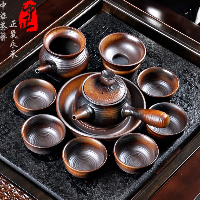 Chiang kai-shek firewood kung fu tea set coarse some ceramic teapot is made manually restoring ancient ways side wood tea set gift boxes