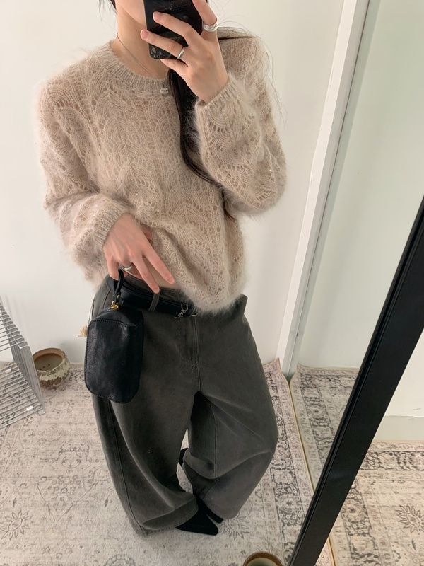 【Dumpling. Dumpling Home】Atmospheric Sequin Hollow-Out Silk Cashmere Loose, Lazy, Slightly Sheer Long-Sleeve Knitwear