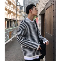 BANGBOY mùa thu giải trí phong cách port pinstripe áo len oversize bé trai cổ tròn bat tay áo len nam áo cardigan