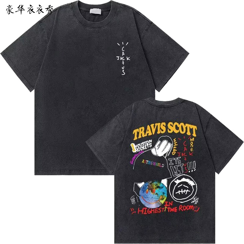 Retro Washed Old Cactus Jack Utopia Printed Round Neck Pure Cotton T-Shirt for Men and Women, Youthful Trendy Rock Short-Sleeved Shirt