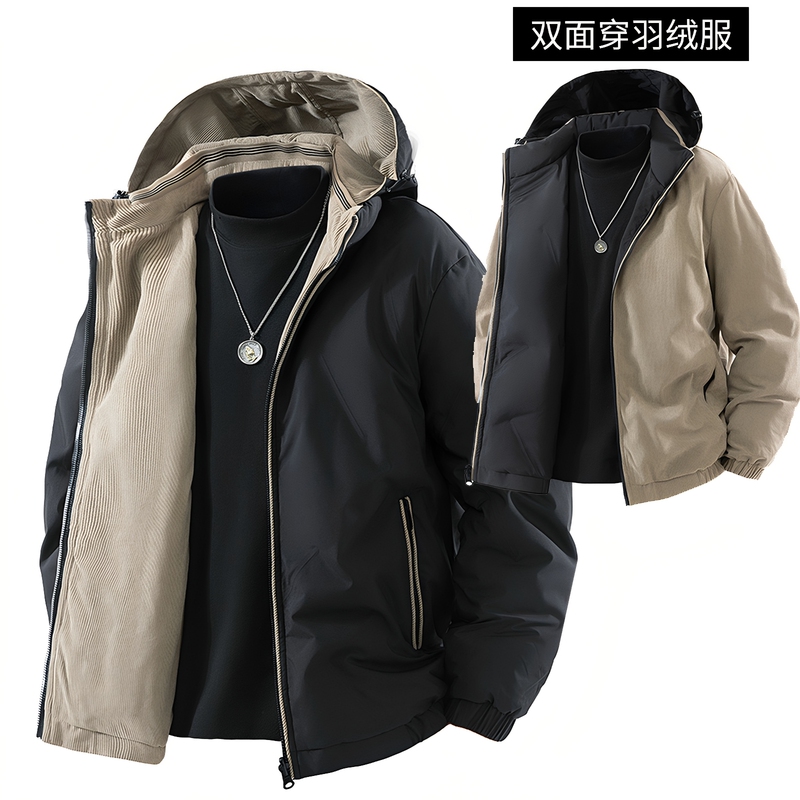 Reversible White Duck down Jacket for Men, Thickened Corduroy, Warm and Cold-Proof Coat, New Winter Style with Detachable Hood