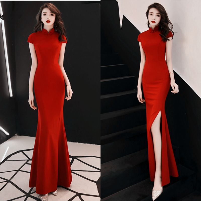 Red Evening Dress for Women, Runway Cheongsam, Dignified and Elegant, Annual Meeting Host Long Dress, Banquet Toast Dress