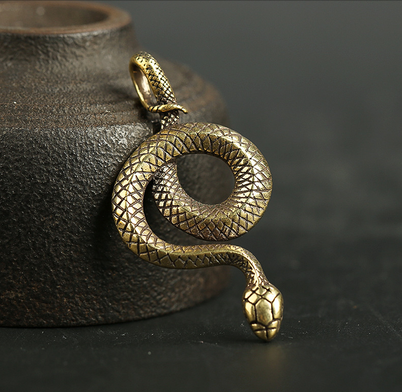 Brass Twelve Zodiac Snake Vintage Distressed Coiled Snake Zodiac Snake Car Keychain Phone Charm Pendant Accessory