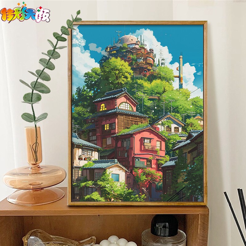 宫崎骏风天空之城太绝了！佳彩天颜数字油画DIY手绘体验，治愈系手作