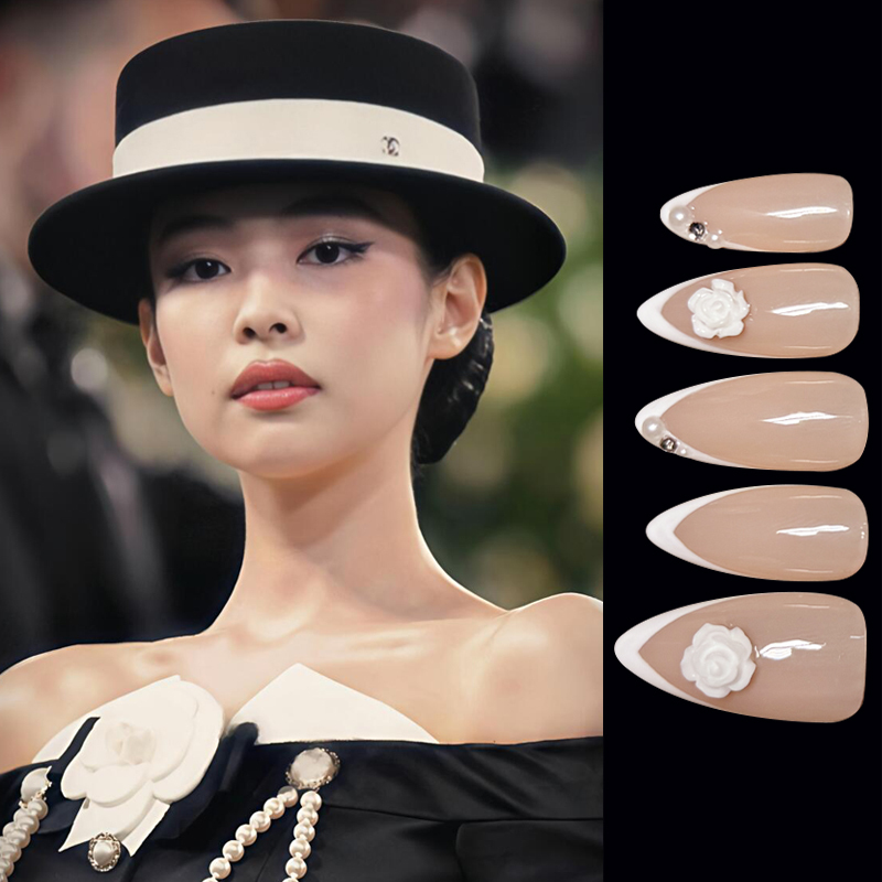 Jennie's Same Style Handmade Camellia French Short Nail Tips, High-End and Exquisite, Comes with Jelly Glue