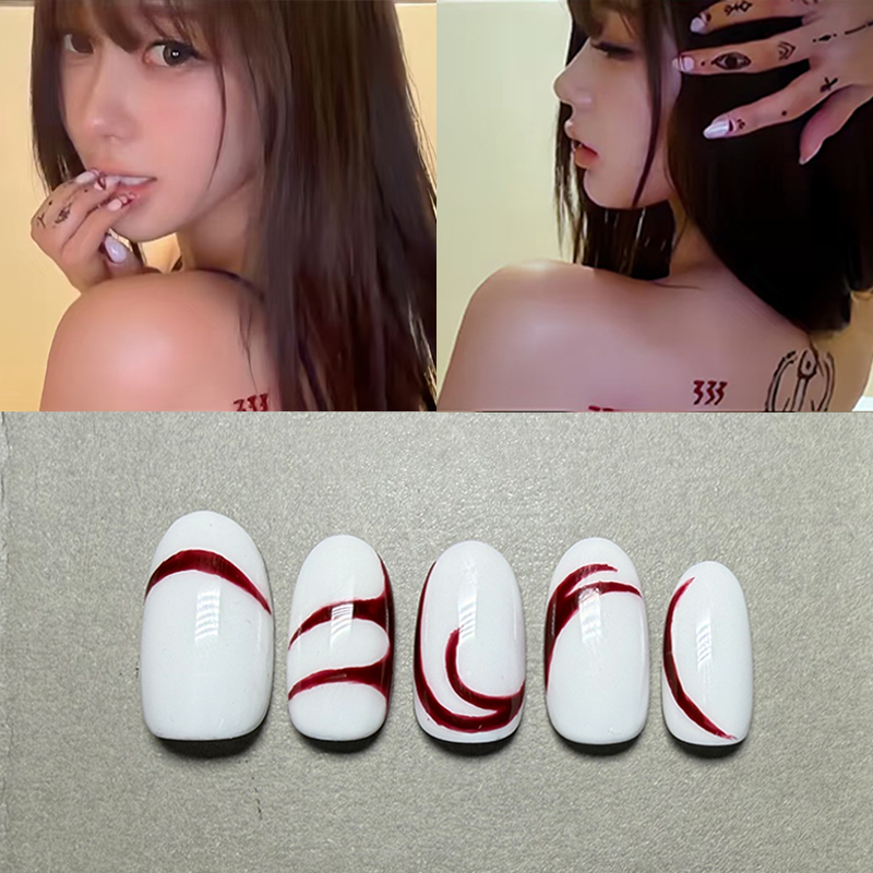 Aspae Giselle's Same Style Hand-Painted Wearable Nails, Hand-Painted Lines, Almond-Shaped Short Nail Tips, Personalized Sweet and Spicy Style