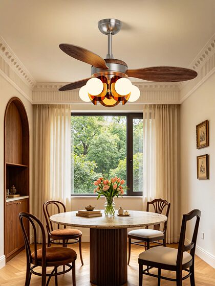 Medieval Style Restaurant Ceiling Fan Light, American Retro Wood Grain Color Fan Light, 2026 New Model, Integrated Fan Chandelier for Living Room