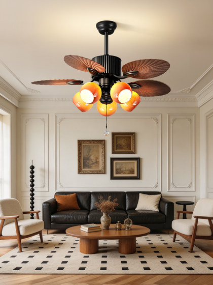 Medieval Style Restaurant Fan Lamp, Retro Walnut Wood Grain Ceiling Fan Lamp, Household Living Room and Bedroom Variable Frequency Integrated Fan Lamp