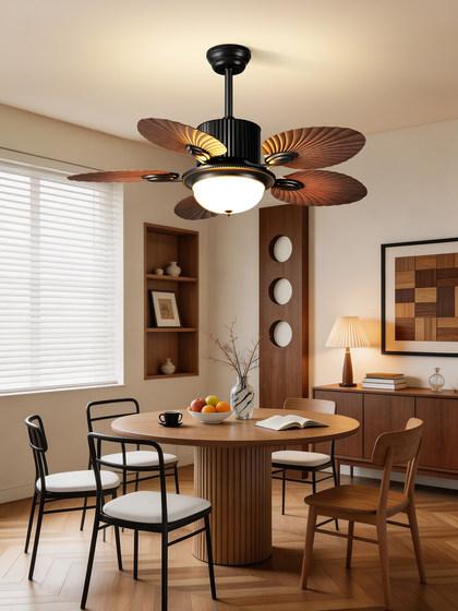 Medieval Style Restaurant Fan Lamp, Retro Walnut Wood Grain Ceiling Fan Lamp, Household Living Room and Bedroom Variable Frequency Integrated Fan Lamp