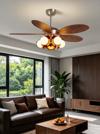 Medieval Style Restaurant Ceiling Fan Light, American Retro Wood Grain Color Fan Light, 2026 New Model, Integrated Fan Chandelier for Living Room