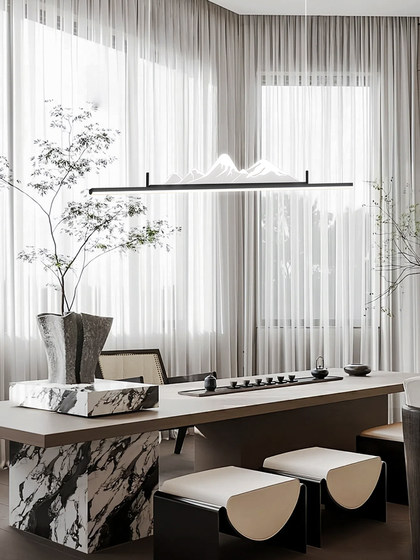New Chinese-Style Landscape Restaurant Light, Linear Pendant Light, Modern Minimalist Mid-Century Walnut Color Tea Room Dining Table Lighting