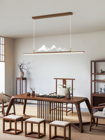New Chinese-Style Landscape Restaurant Light, Linear Pendant Light, Modern Minimalist Mid-Century Walnut Color Tea Room Dining Table Lighting