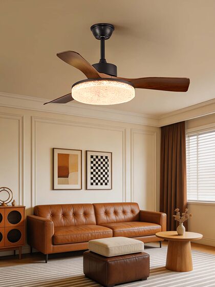 Vintage-Style Wood Grain Color Ceiling Fan Light for Living and Dining Room, Household High-Power Silent Fan Light, Bedroom Integrated Fan Lighting Fixture