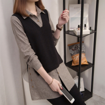 200 catties fat sister big size 2023 early spring new womens clothing fake two vest shirts age-reducing long-sleeved shirt tide