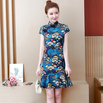 Large size belly cover dress 2021 summer new womens fat mm slim thin retro modified cheongsam skirt women