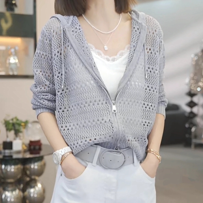 Plus-Size Designer Zip-Up Hollow-Out Long-Sleeve Hooded Knit Cardigan for Women, 2026 Spring Fashion Casual Hooded Sweater